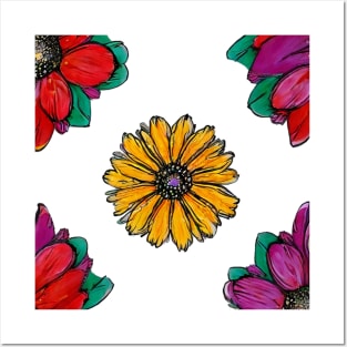 Colorful Flowers Drawing Posters and Art